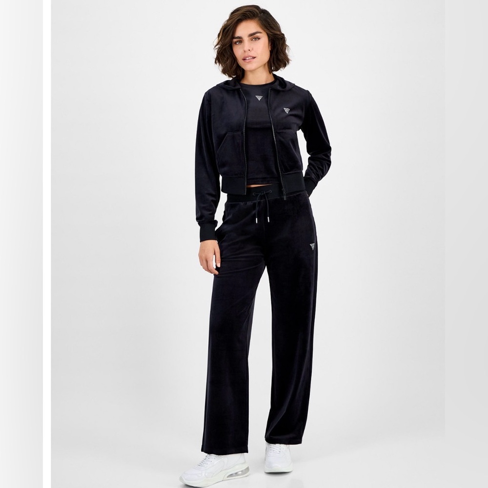 Guess Black Velour Cropped Hoodie and Straight leg Velour Pants Set